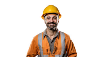 Happy builder cut out. Smiling builder man with orange helmet on transparent background png