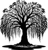 A black and white silhouette of a willow tree vector