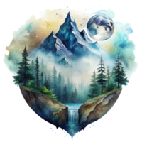 Mountain scene in watercolor style Clip art. Watercolor mountain scene cutout png