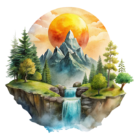 Mountain scene in watercolor style Clip art. Watercolor mountain scene cutout png