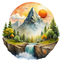 Mountain scene in watercolor style Clip art. Watercolor mountain scene cutout png