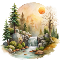 Mountain scene in watercolor style Clip art. Watercolor mountain scene cutout png