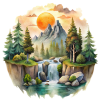 Mountain scene in watercolor style Clip art. Watercolor mountain scene cutout png