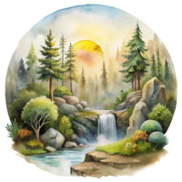 Mountain scene in watercolor style Clip art. Watercolor mountain scene cutout png