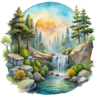 Mountain scene in watercolor style Clip art. Watercolor mountain scene cutout png