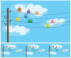 Seamless composition of colorful cartoon birds sitting on wires vector