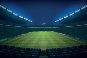 Modern Soccer Stadium Illuminated by Floodlights at Night vector