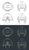 Industrial safety helmet with ear muffs blueprints vector