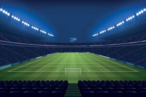 Modern Soccer Stadium Illuminated by Floodlights at Night vector