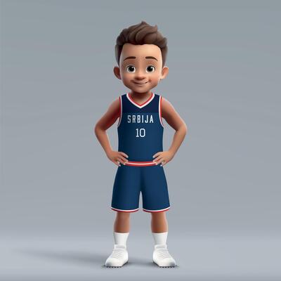 3d cartoon cute basketball player in Serbia national team kit.
