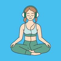 smiling yoga girl in headphones listening to music conceptual illustration of yoga observation vector