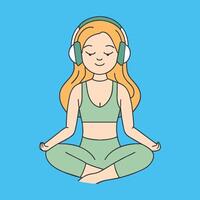 smiling yoga girl in headphones listening to music conceptual illustration of yoga observation vector