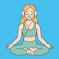 smiling yoga girl in headphones listening to music conceptual illustration of yoga observation vector