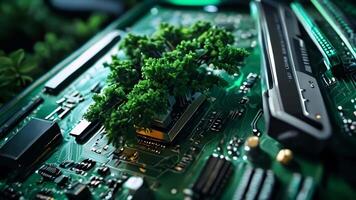 Green natural eco tree and computer technology on an abstract high-tech futuristic background of microchips video