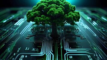 Green natural eco tree and computer technology on an abstract high-tech futuristic background of microchips video