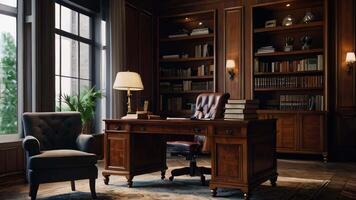 Classic office interior, wooden furniture and books video