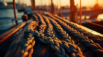 Large thick strong marine ropes for ships lie on a wooden pier video