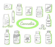 Marijuana outline icons set. Set of sketches for cannabis items, cbd coffee, face mask, pills, gummies, vitamins, tincture, cookies, bath sault, and etc.. vector