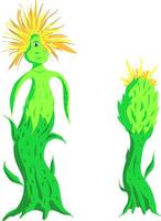 Illustration of an alien plant sentient with head and one eye. illustration flower with root and long leaves hands with one-eyed shaggy head on shoulders. Next to it is the embryo of a living vector