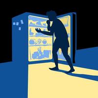 hombre comiendo desde el refrigerador a noche. ilustración estilizado en 5 5 color frio tonos el tema de de los hombres salud dietas y comer en exceso a noche. vector