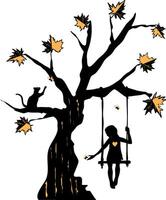 silhouette stylized art for covers and banners girl on a swing with butterflies and a cat vector