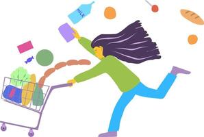 Female customer running with basket to checkout losing groceries and belongings on the go. illustration woman on transparent background. Running with a shopping cart full of products from a vector