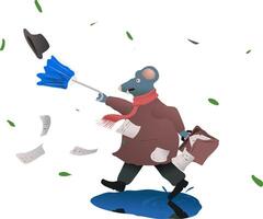 Cartoon character fat rat in coat on strong wind. illustration. a humanoid rat fights with the wind, his umbrella broke, his suitcase with papers opened and the shoyapa flew away. In addition vector