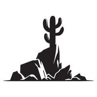 A single cactus silhouette sprouting from between rocks on a rugged vector