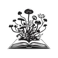 An array of mushrooms growing over and around an open book illustration vector