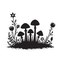 A collection of mushrooms sprouting amidst a dense bed of various vector