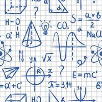 Hand drawn educational objects on checkered sheet seamless pattern. Different math, chemistry, physics formulas and graphs vector