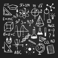 Hand drawn design educational elements on blackboard. Different math, chemistry, geometry, physics formulas and items in chalk style vector