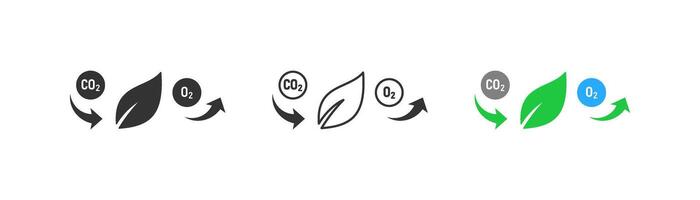 carbon dioxide to oxygen conversion process with leaves. CO2 to O2, eco, environment. Line flat and colored illustration. vector