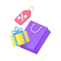 Shopping sale discount special offer with paper bag gift box percent tag 3d icon realistic vector