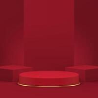 Red trendy 3d podium pedestal cylinder stand with wall background realistic illustration vector