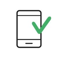 Mobile phone with green tick. Smartphone with checkmark on display illustration. Accept icon vector