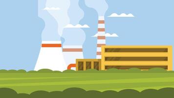 Factory with pollution in a open location with smoke coming from it illustration vector