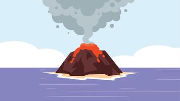 en erupción volcán en un isla en Oceano con fumar y fuego vector