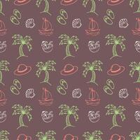 Summer themed doodle style seamless pattern with palm trees, seashells, coconuts, ships and flip flops. illustration vector