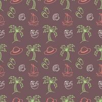 Summer themed doodle style seamless pattern with palm trees, seashells, coconuts, ships and flip flops. illustration vector