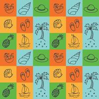 Bright summer seamless pattern with various icons in doodle style. Palm trees, pineapple, coconut cocktail, sea shells. illustration vector