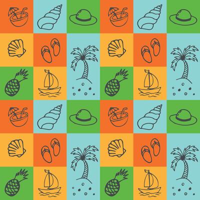 Bright summer seamless pattern with various icons in doodle style. Palm trees, pineapple, coconut cocktail, sea shells. illustration