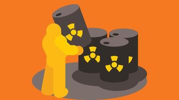 Bio Hazard material barrels stacked with a technician with protection suit vector