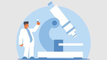 Lap technician with microscope in background abstract science illustration vector