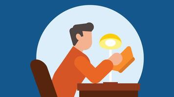 Student reading book in a desk with side lamp vector