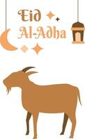 Eid Al Adha festival. Greeting card with sacrificial sheep, moon, star, and lantern. Eid Mubarak theme. vector