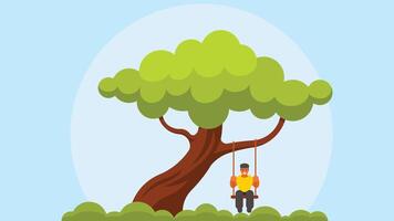 boy playing with a swing hanging in a tree in the garden vector