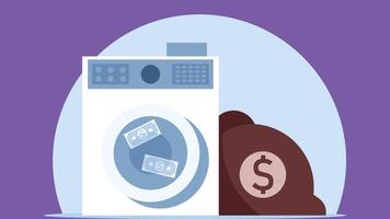 Money laundering abstract concept with washing machine and bag of money illustration vector