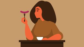 female character eats sausage on a fork illustration vector