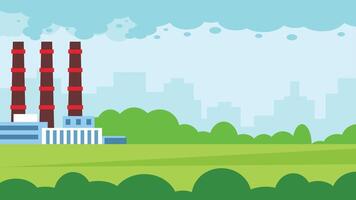 Factory with pollution in a open location with smoke coming from it illustration vector